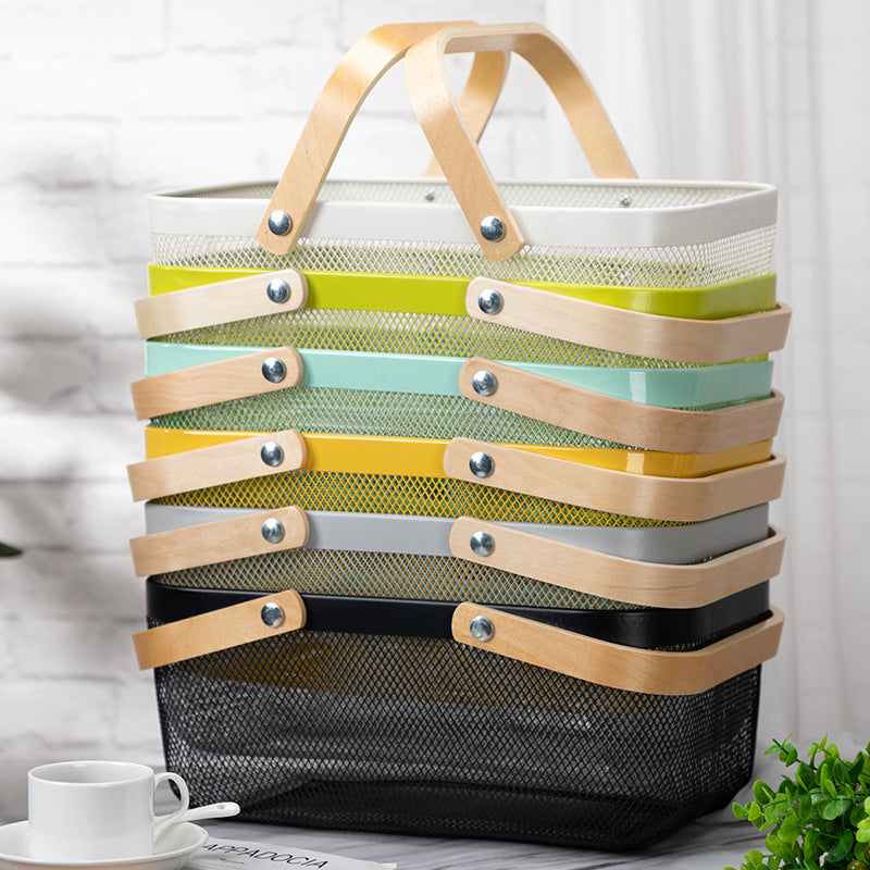 Wire Mesh Mini Basket with Wooden Handle for Storage and Organization